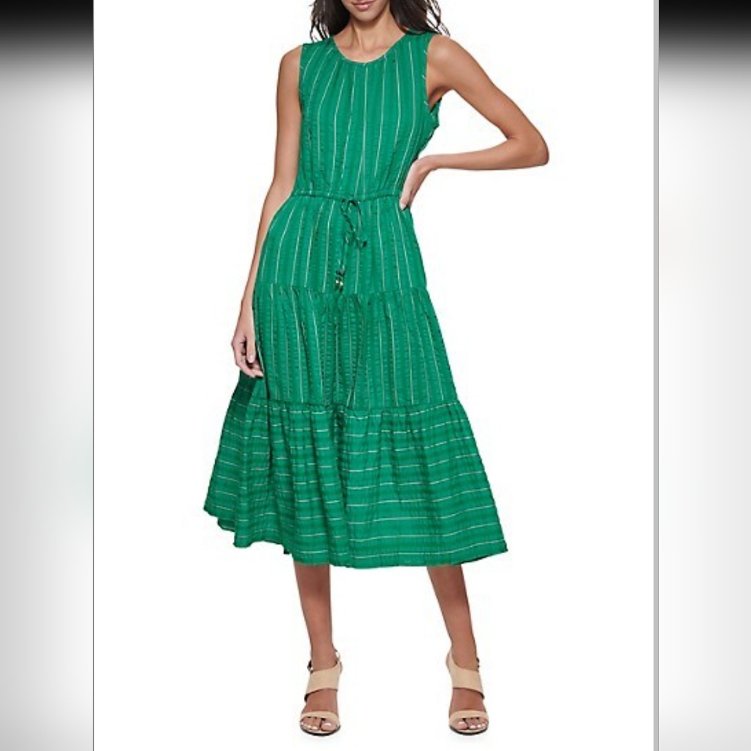 Nwt Sz 6 Calvin Klein Stripe Roundneck Tiered Dress
